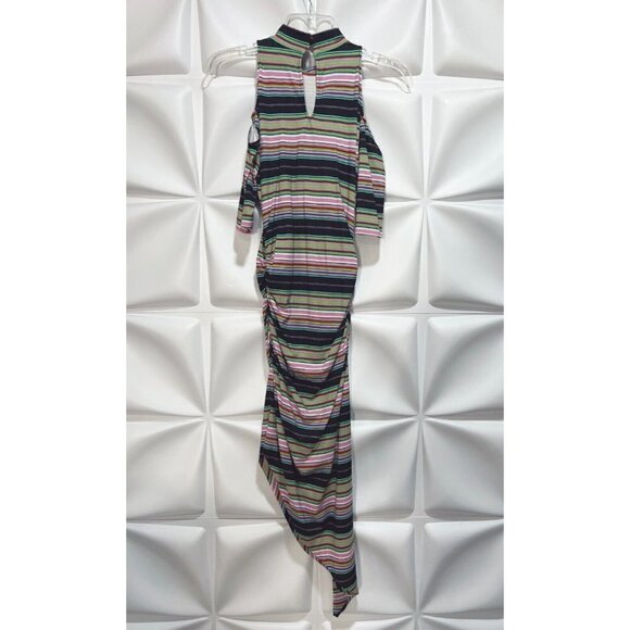 Artelier Nicole Miller Sz S Striped Mock Neck Cold Shoulder Asymmetrical Dress - Picture 7 of 11